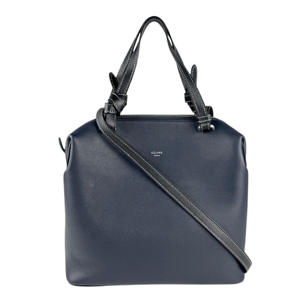 Celine Soft Cube Leather Shoulder Bag Navy Blue Black Silver